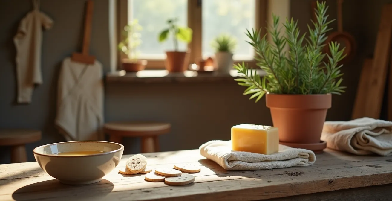 Kit de primeros auxilios del jardinero español con elementos tradicionales para limpieza de heridas