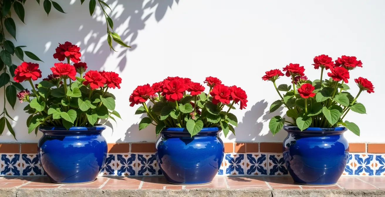 Composición equilibrada de macetas azul cobalto con geranios rojos sobre pared blanca encalada mostrando el contraste cromático tradicional