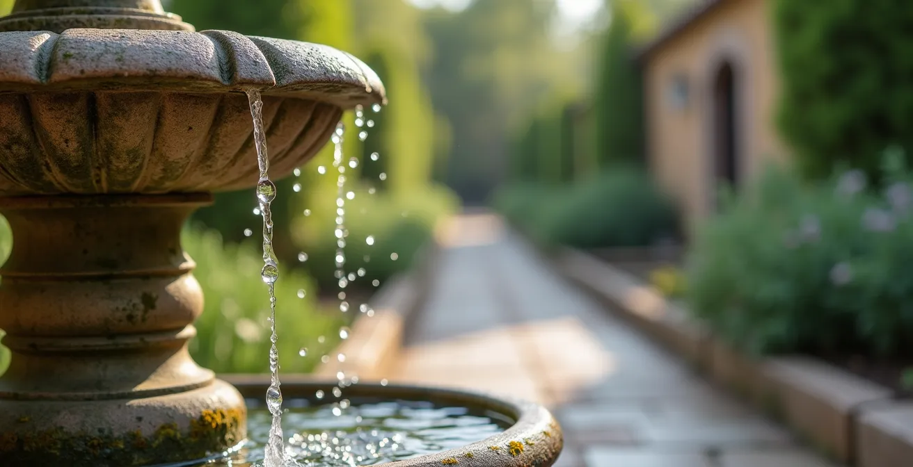 Jardín con fuente ornamental creando perspectiva y profundidad