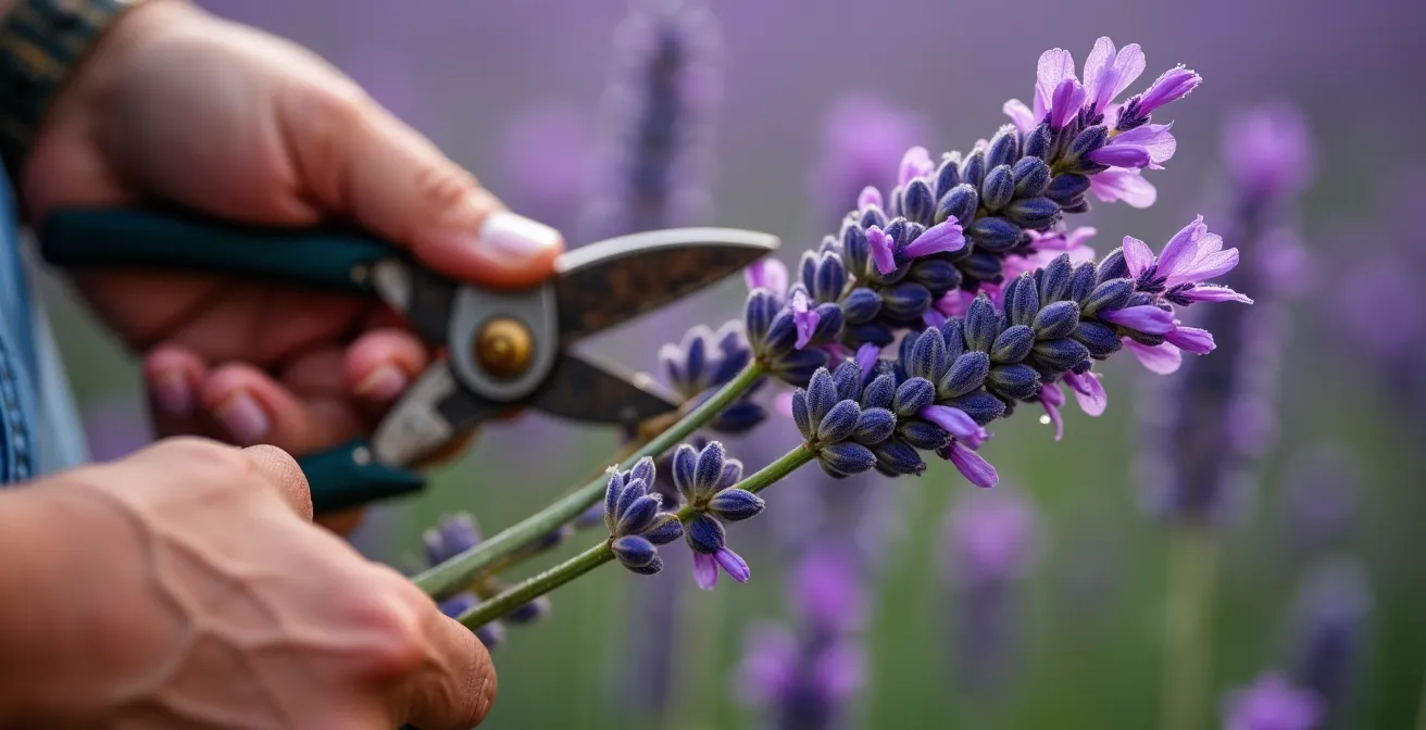 Manos recogiendo delicadamente espigas de lavanda al amanecer con tijeras de podar, mostrando el rocío sobre las flores púrpuras