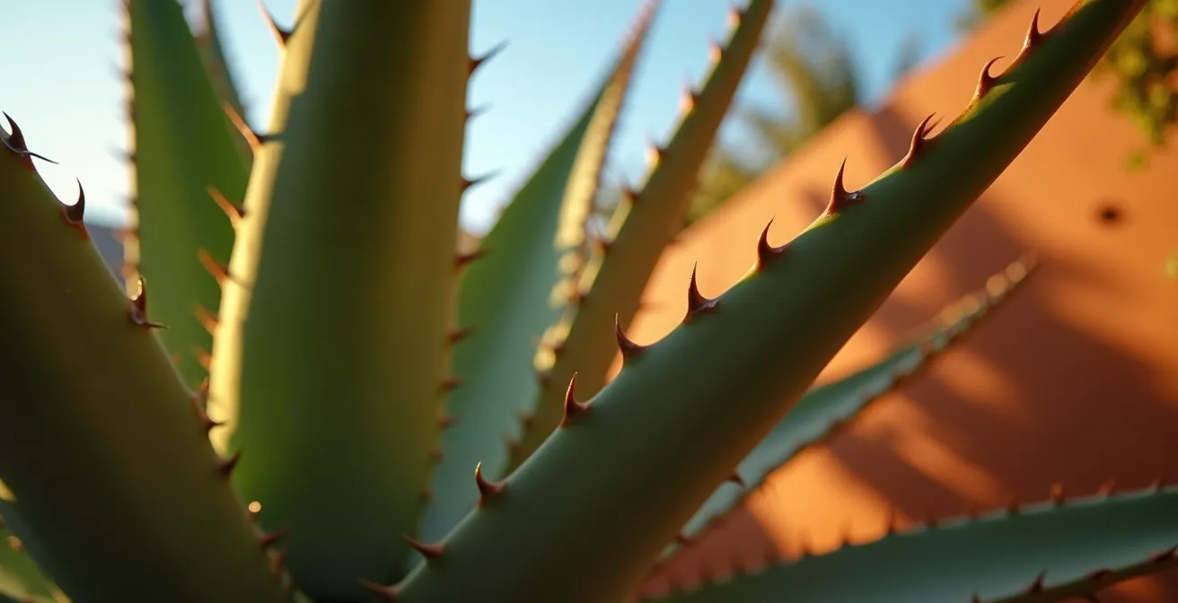 Composición arquitectónica con palmeras y suculentas creando punto focal dramático en jardín mediterráneo