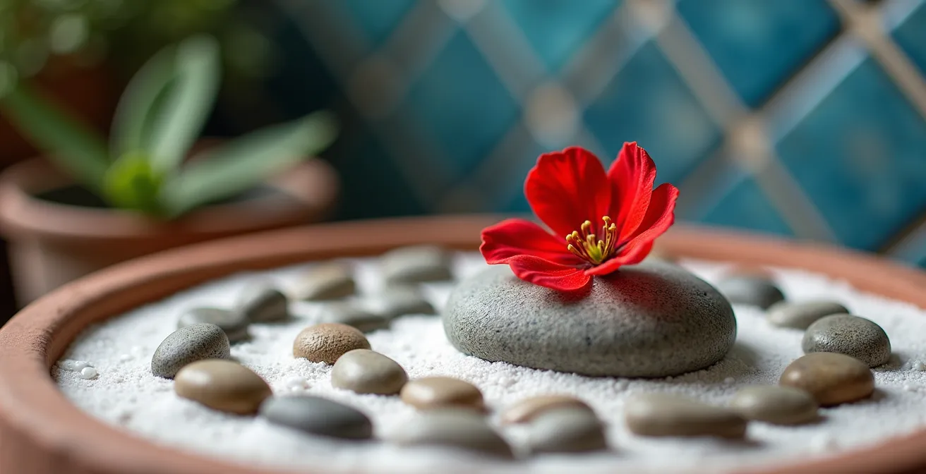 Composición minimalista con piedras locales y geranios en patio andaluz