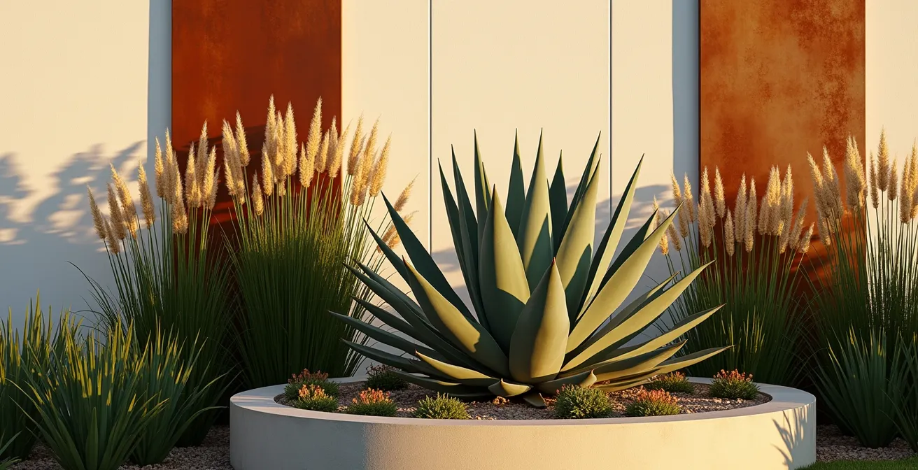 Rincón de jardín con plantas arquitectónicas bañadas por la luz dorada del atardecer