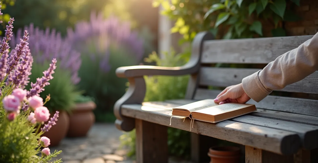Rincón de lectura con lavanda y rosales en tonos suaves creando ambiente relajante