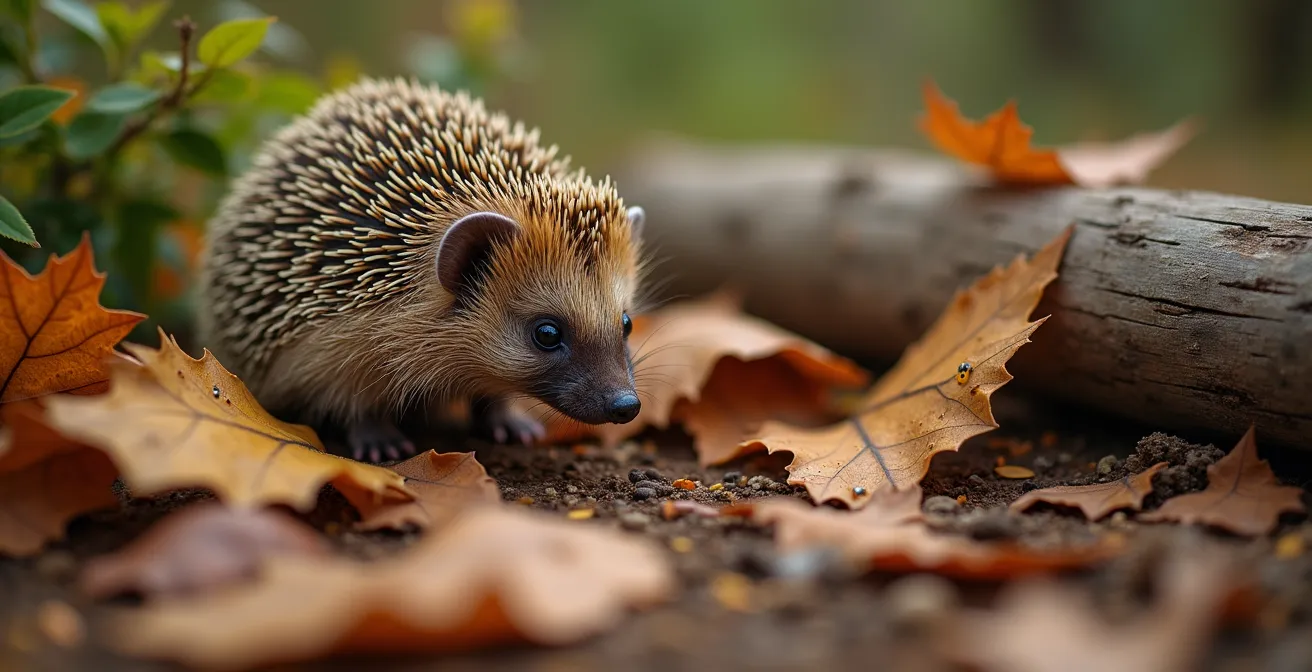 Rincón natural del jardín con hojarasca, troncos y un erizo escondido, simbolizando el refugio para la fauna aliada