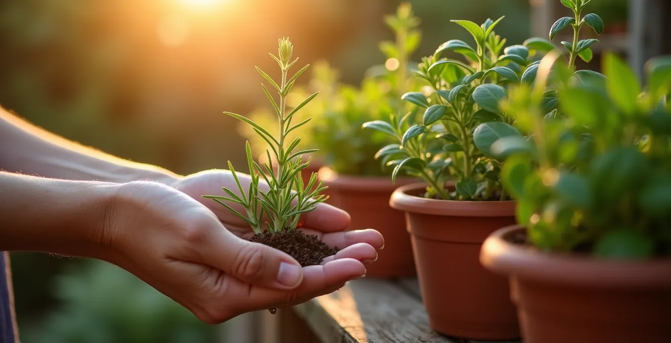 Manos cuidando plantas aromáticas mediterráneas en macetas de terracota al amanecer