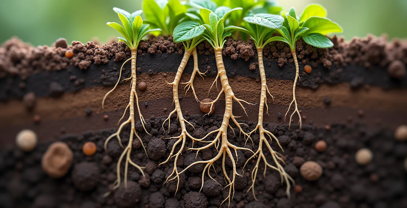Sistema de rotación de cultivos con diferentes profundidades de raíces y red de micorrizas visible en el suelo