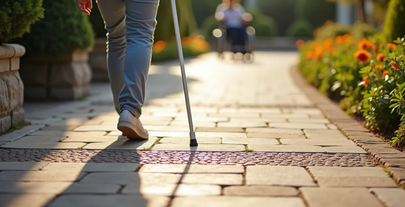 Pavimento podotáctil con baldosas de botones y acanaladas integradas estéticamente en jardín mediterráneo