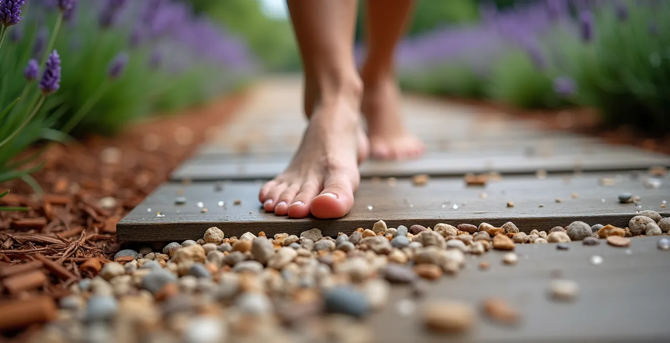 Camino de jardín con transición de texturas de madera a grava para orientación podotáctil
