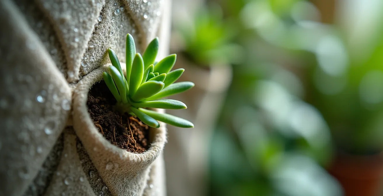 Detalle macro del sistema de fieltro geotextil con bolsillos para plantas en jardín vertical hidropónico