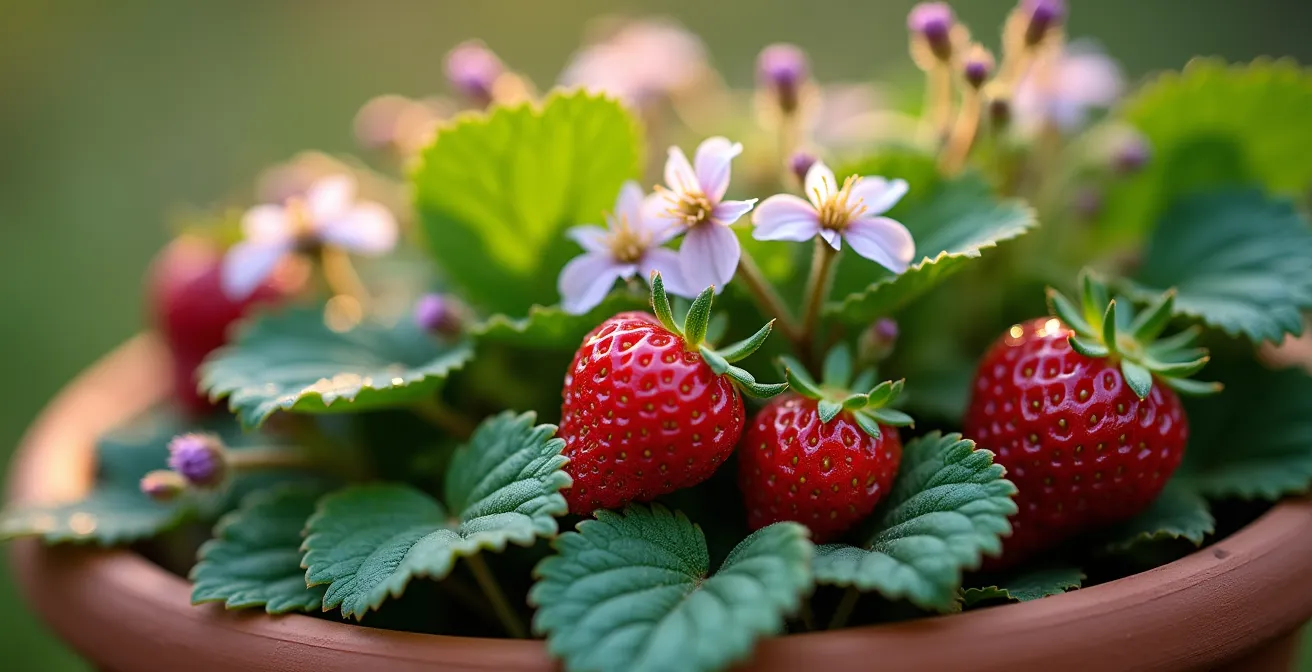 Tapiz mediterráneo con fresas y tomillo cubriendo el suelo del jardín