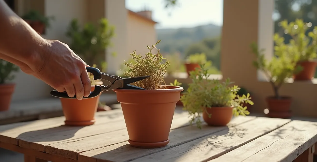 Manos realizando cortes progresivos en tallo seco con tijeras de podar