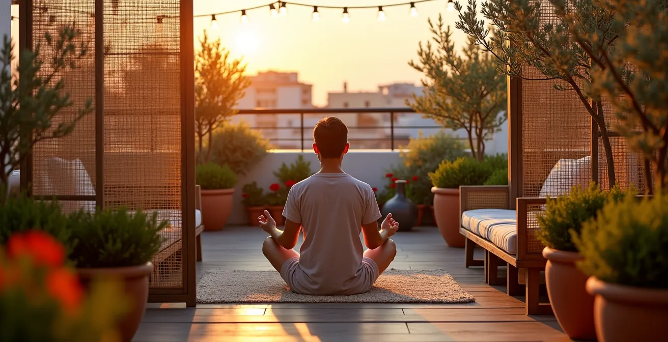 Terraza española con lavanda, olivo en maceta y rincón de meditación al atardecer