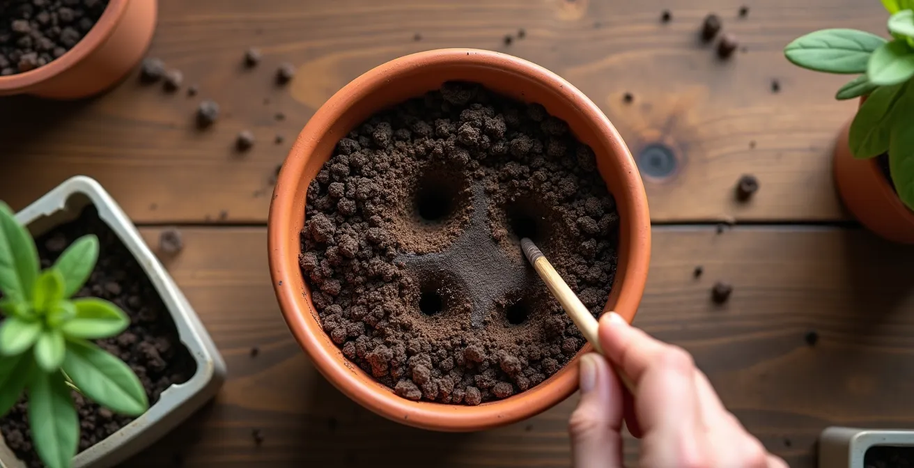 Vista cenital de maceta con tierra compactada siendo aireada con palillo chino