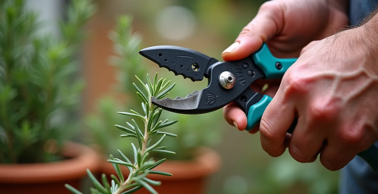 Primer plano de manos usando tijeras de carraca ergonómicas en jardín