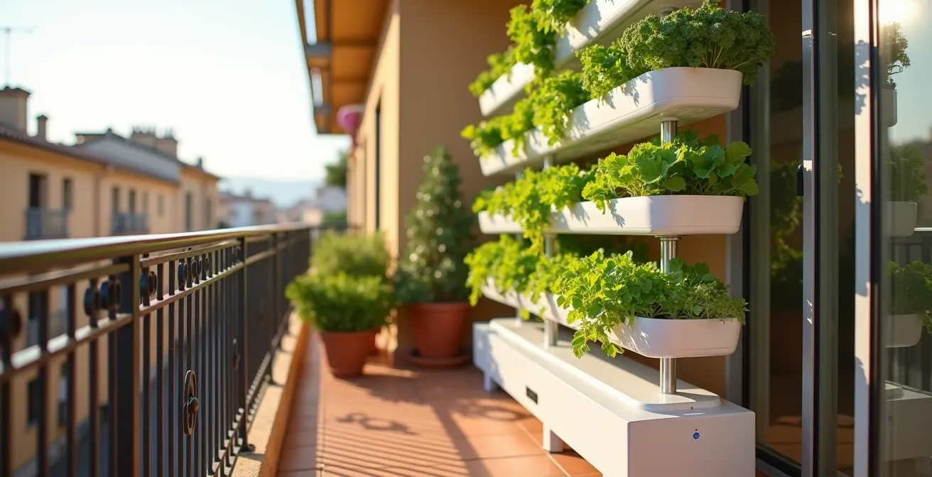 Sistema de torre hidropónica vertical en un balcón español mostrando múltiples niveles de cultivo en menos de 1 metro cuadrado