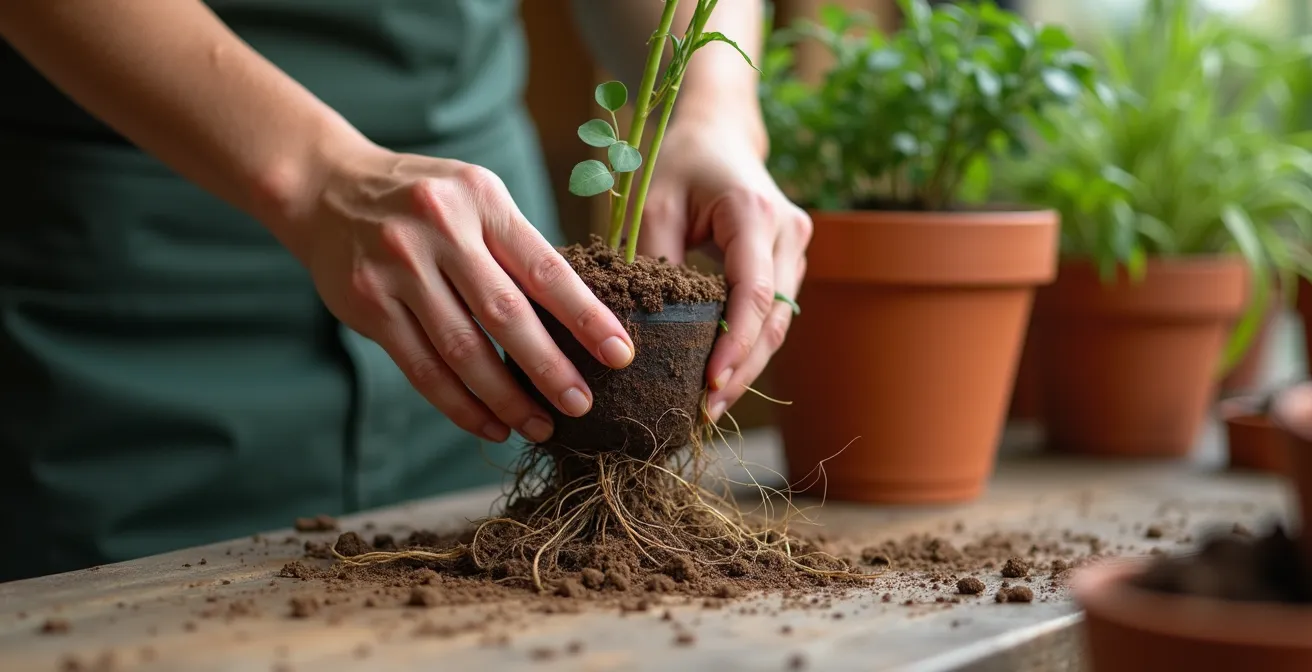 Proceso de desenredar raíces de una planta antes del trasplante en una mesa de jardín