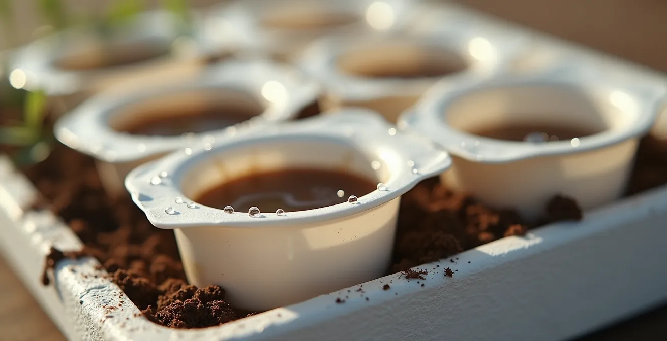 Detalle macro de vasos de yogur reciclados con agujeros de drenaje sobre bandeja de poliestireno