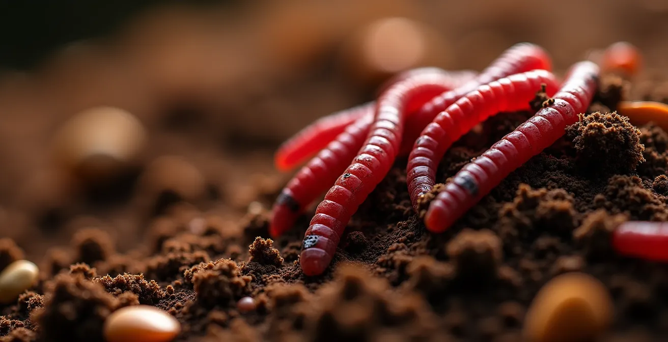 Sistema de vermicompostaje compacto bajo fregadero con lombrices rojas californianas trabajando en restos de verdura.