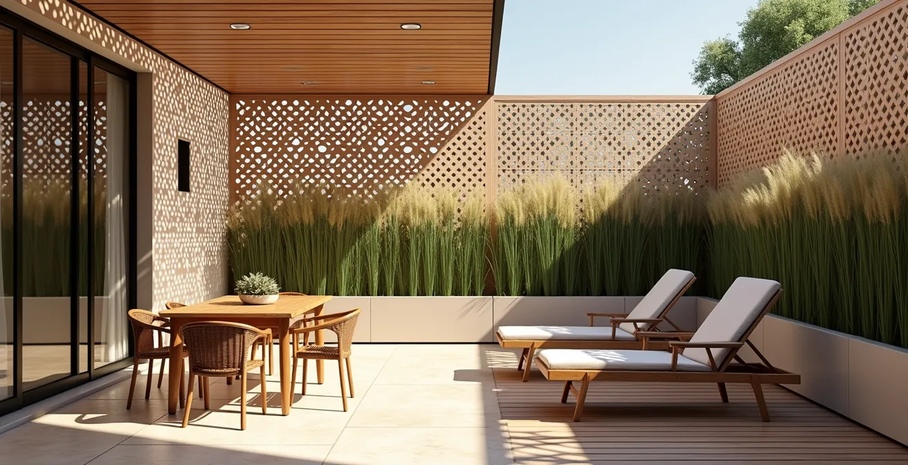 Patio español de 20m² dividido sutilmente con celosías de cerámica y plantas